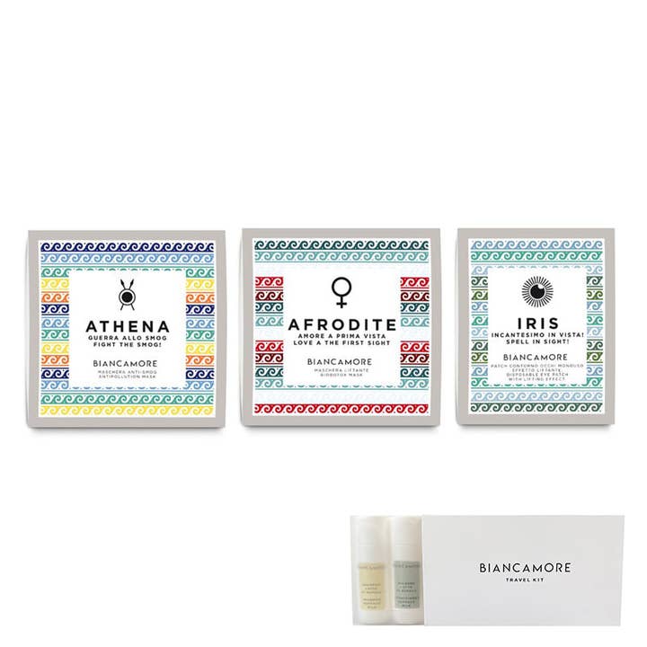 BIANCAMORE SPEZIALSET: 1 GESICHTSMASKE ATHENA + 1 GESICHTSMASKE AFRODITE + 1 AUGENKONTURENPATCH IRIS (KOSTENLOS 1 REISESET) für den Großhandel von Marie Danielle
