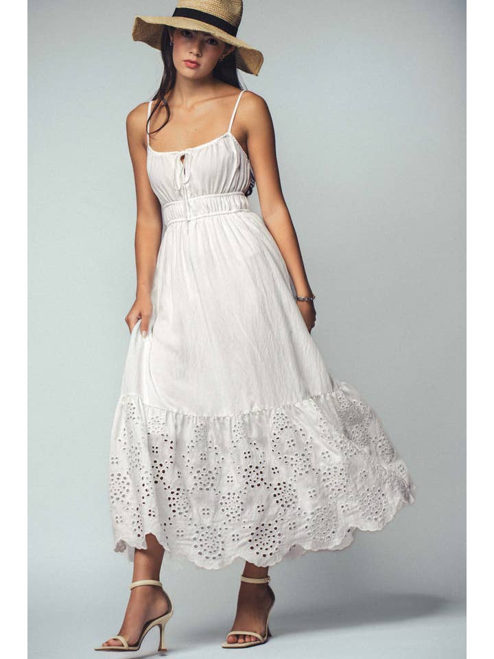WHITE Eyelet Embroidered Tie-Front Maxi Dress for wholesale on Faire