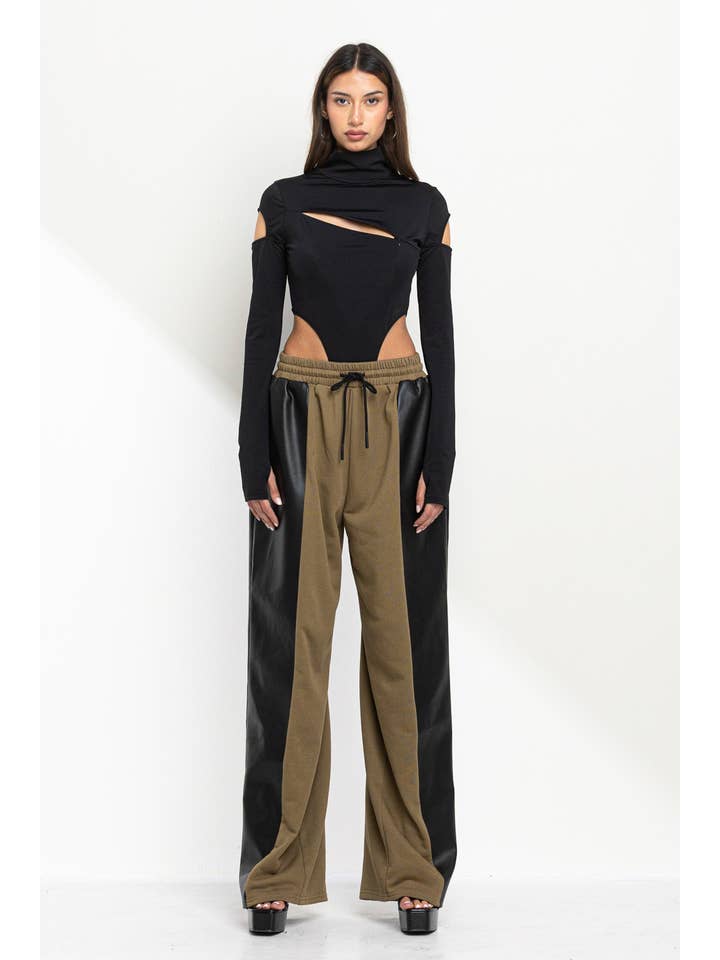 No Vacancy – wholesale Lounge Sweatpants/jogging bottoms – Women's – Half and half faux leather detail and sweatpants6