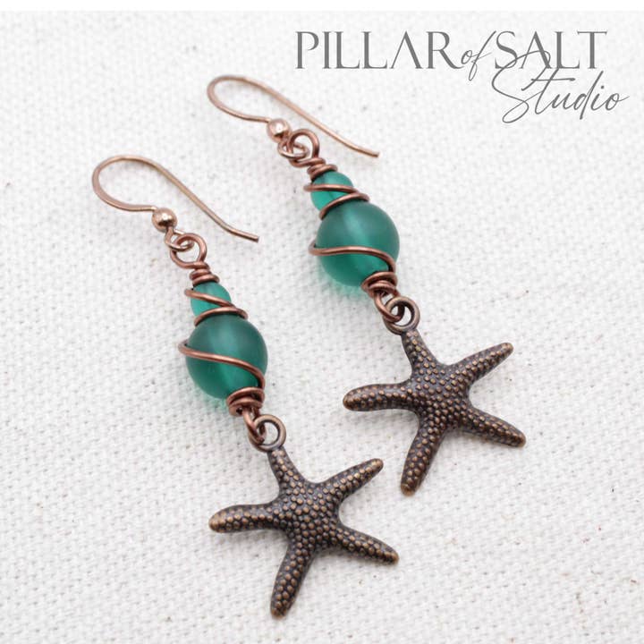 Antiqued Copper Starfish Earrings - Sea Glass (Teal green) for wholesale by Pillar of Salt Studio
