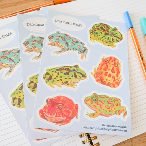 pac man frog sticker sheet 5x7" - painted pastel frog stickers - bullet journal stickers - planner stickers - vinyl decal stickers for wholesale by Stephanie Missan Studio