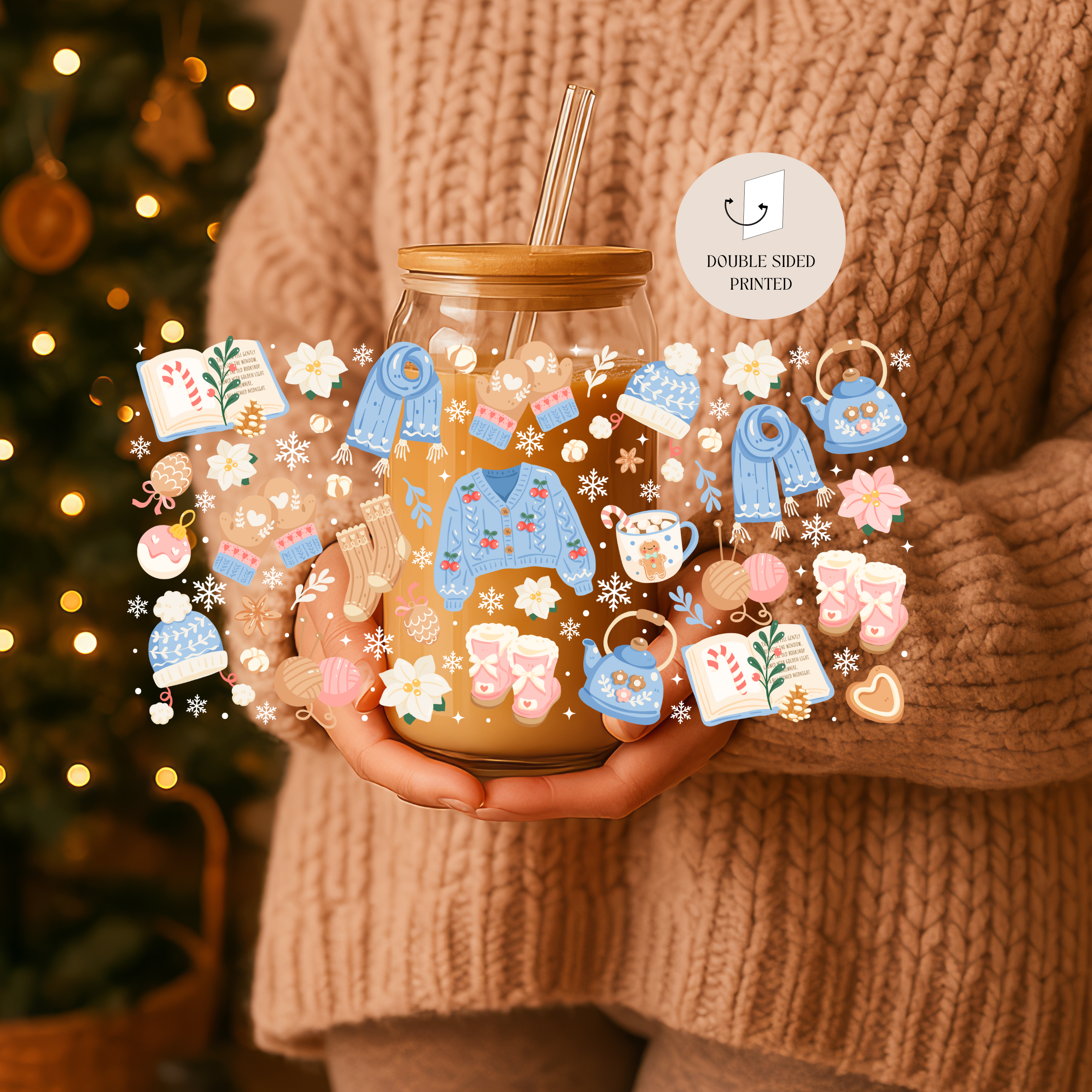 the cute cloud – Großhandel Trinkglas/Tasse – Gemütlicher Winter-Doppelwand-Glasbecher mit Deckel & Strohhalm2