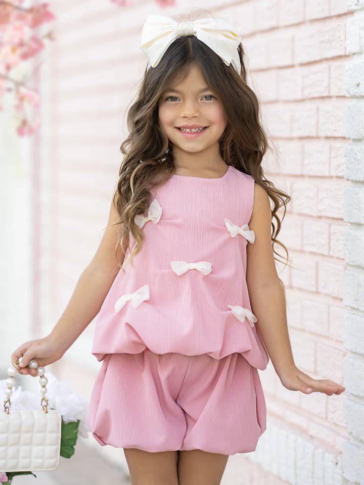 Auraquise - Wholesale Top & Short Set - Kids - Girls Summer Pink Bow Fashion Cute Short Set1