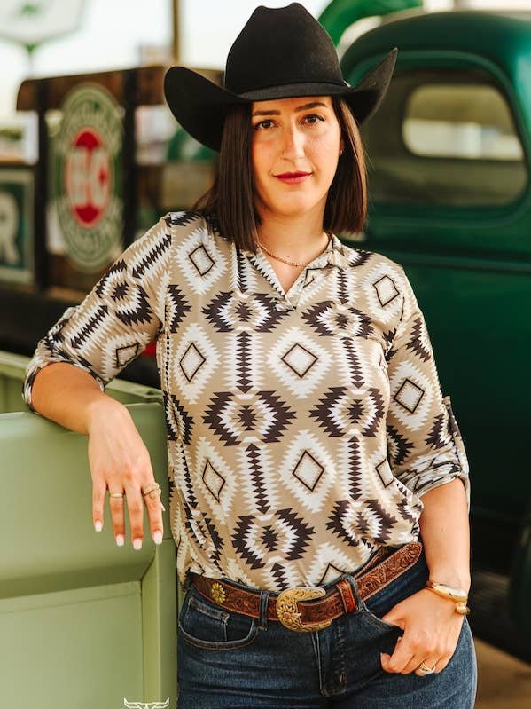 Brown Beige Aztec Printed Adjustable Sleeve Blouse for wholesale by LUCKY & BLESSED