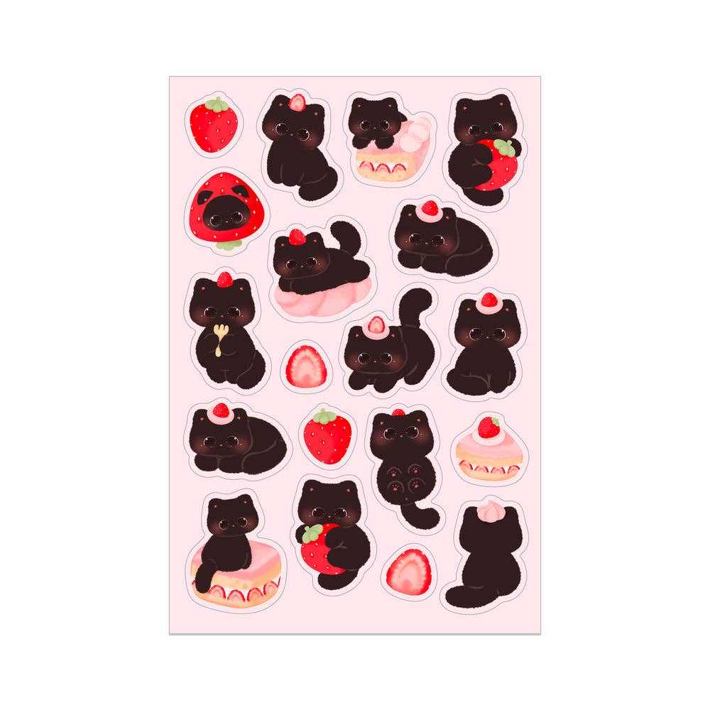 Meowashi Studio - Wholesale Sticker - Strawberry Black Cat Sticker Sheet