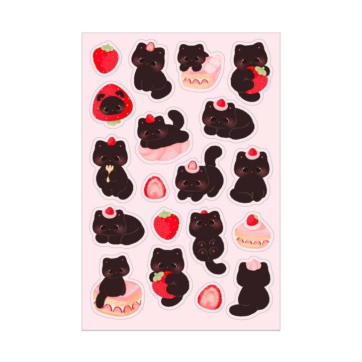 Meowashi Studio - Wholesale Sticker - Strawberry Black Cat Sticker Sheet0