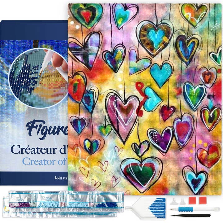 Figured'Art – Großhandel Bastelset – Diamantstickerei, Herzen, 40 x 50 cm, Leinwand auf Rahmen gespannt
