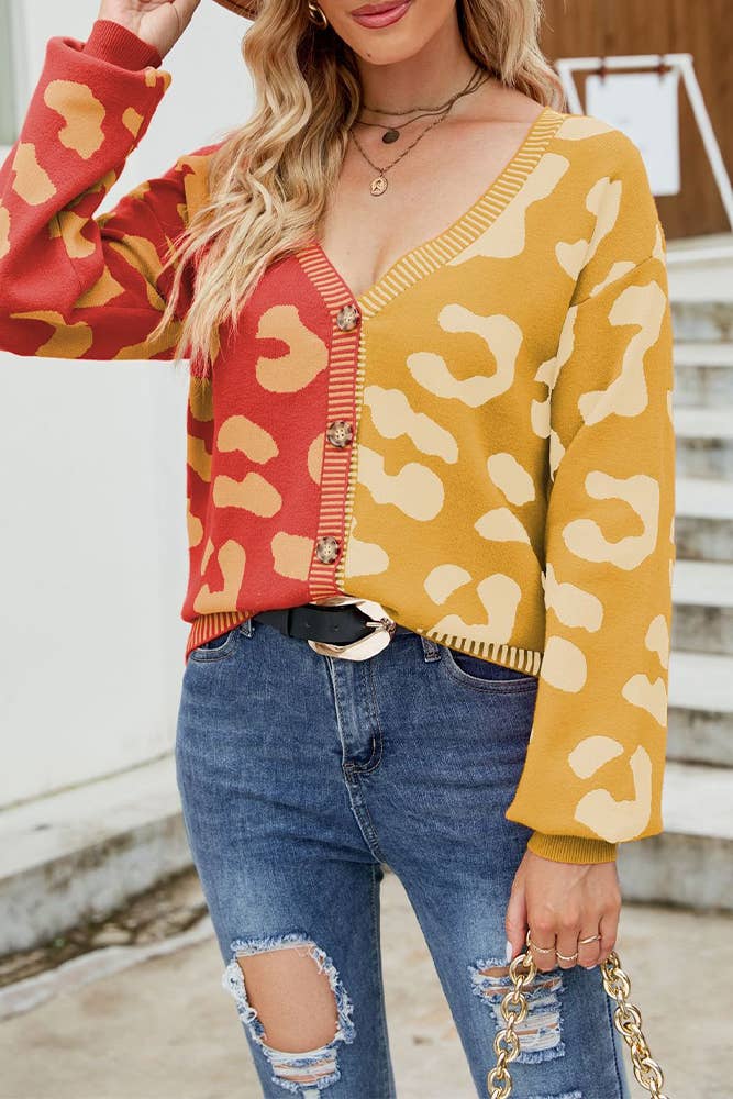 UNISHE - Wholesale Cardigan - Women's - V Neck Button Leopard Colorblock Cardigan MD00710