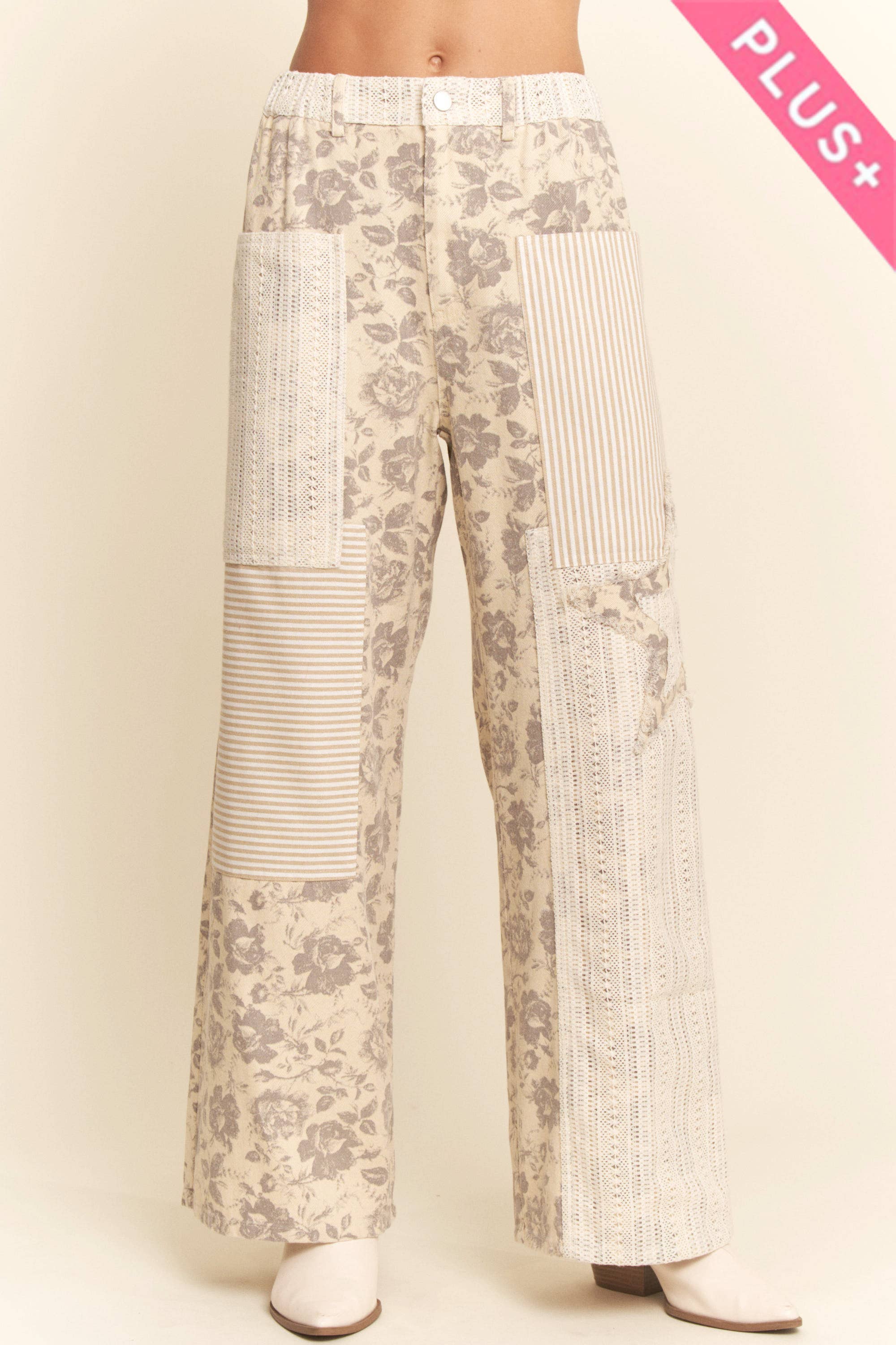 NATURAL D GREY PLUS FLORAL STAR PATCH DETAIL WASHED PANTS for wholesale on Faire0