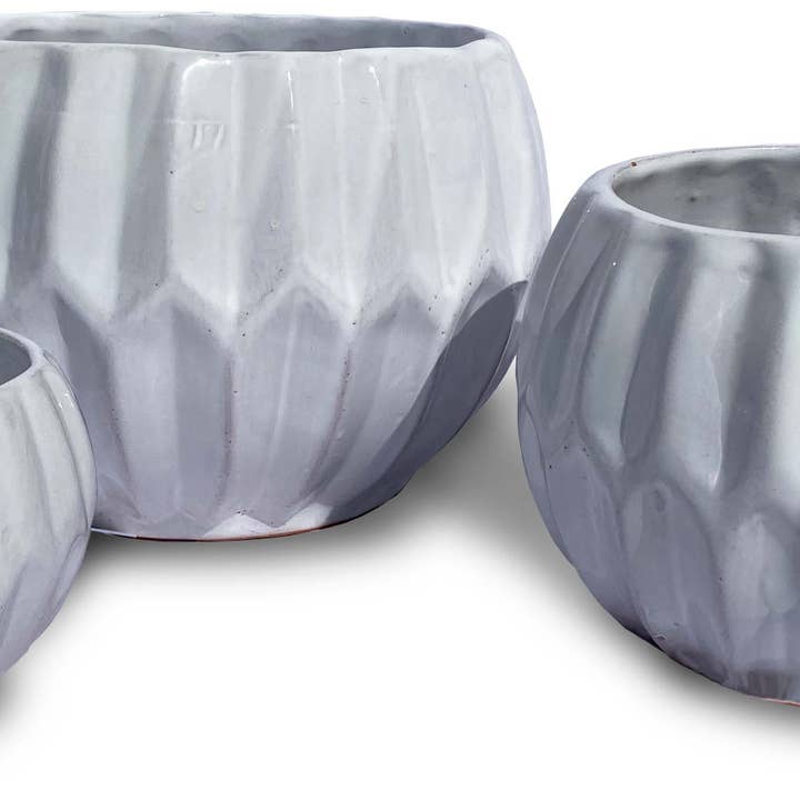 Chiseled Sphere Pot - 3Pc Set - White for wholesale by Ceramo Pottery