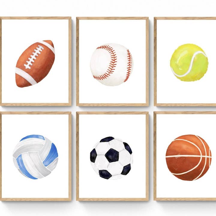 Ensemble de 6 impressions de balles de sport, peinture sportive, art mural pour chambre de garçon, impression pour chambre de fille, art mural pour enfants, décoration de chambre d'enfant, illustrations pour amateurs de sport pour la vente par MerikaArt