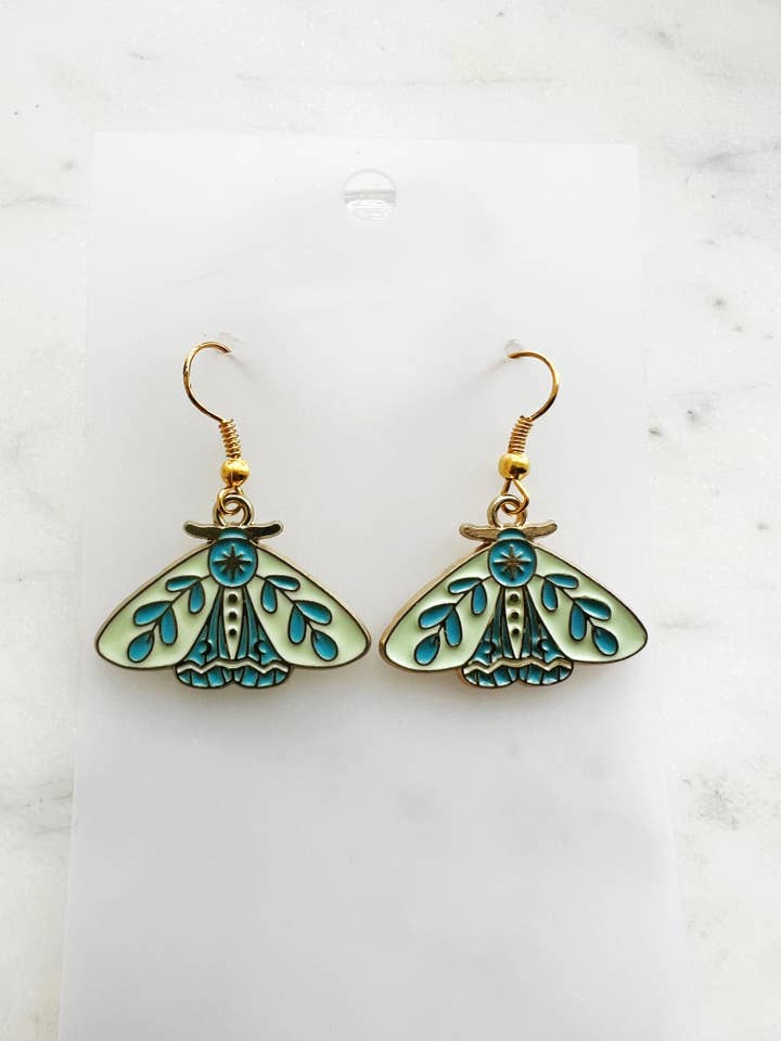 Kawaii Enamel Mint Botanical Moth Dangle Earrings for wholesale by Carmen Miller Jewellery