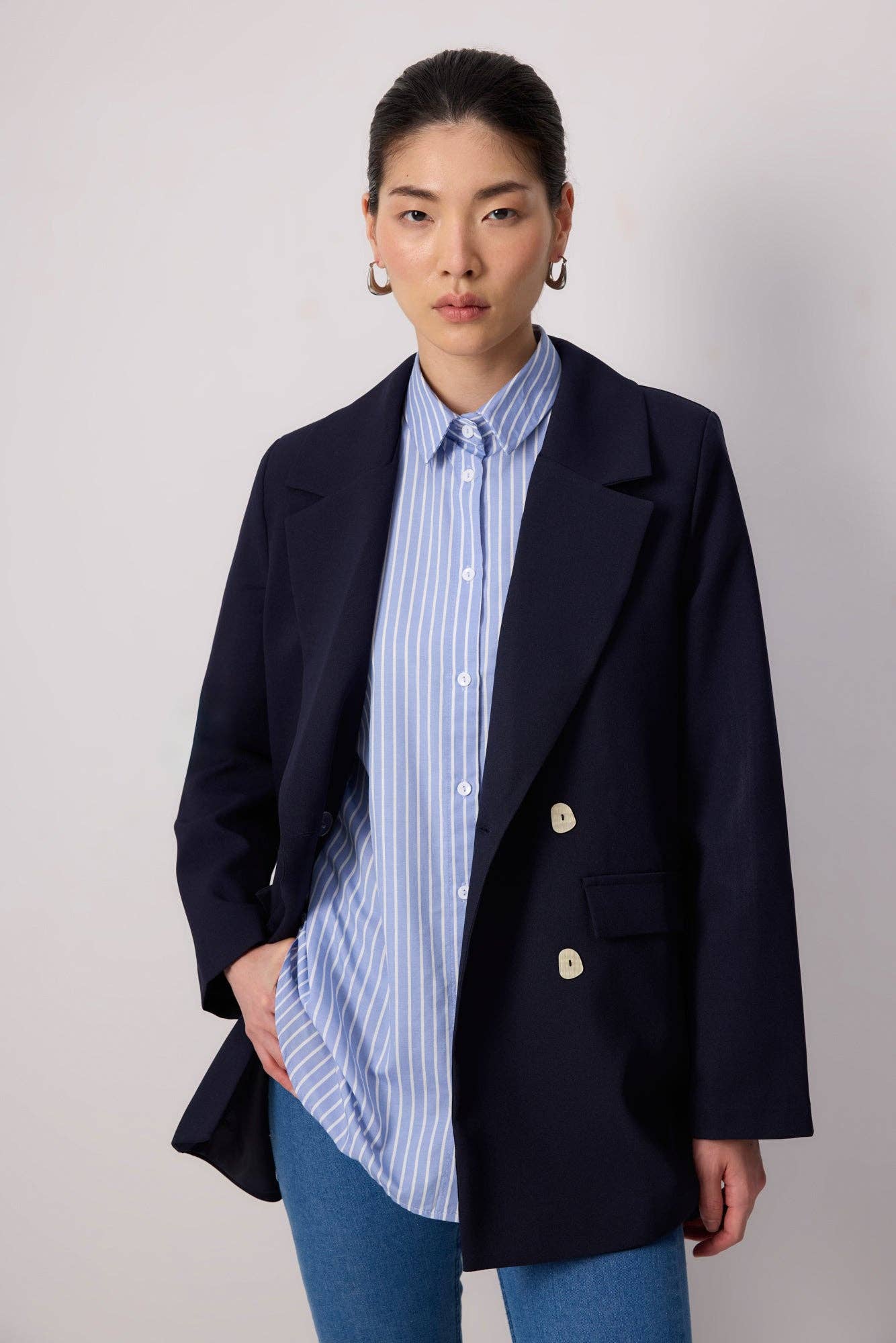 Navy Blue SHELL BUTTONED BLAZER JACKET for wholesale on Faire1