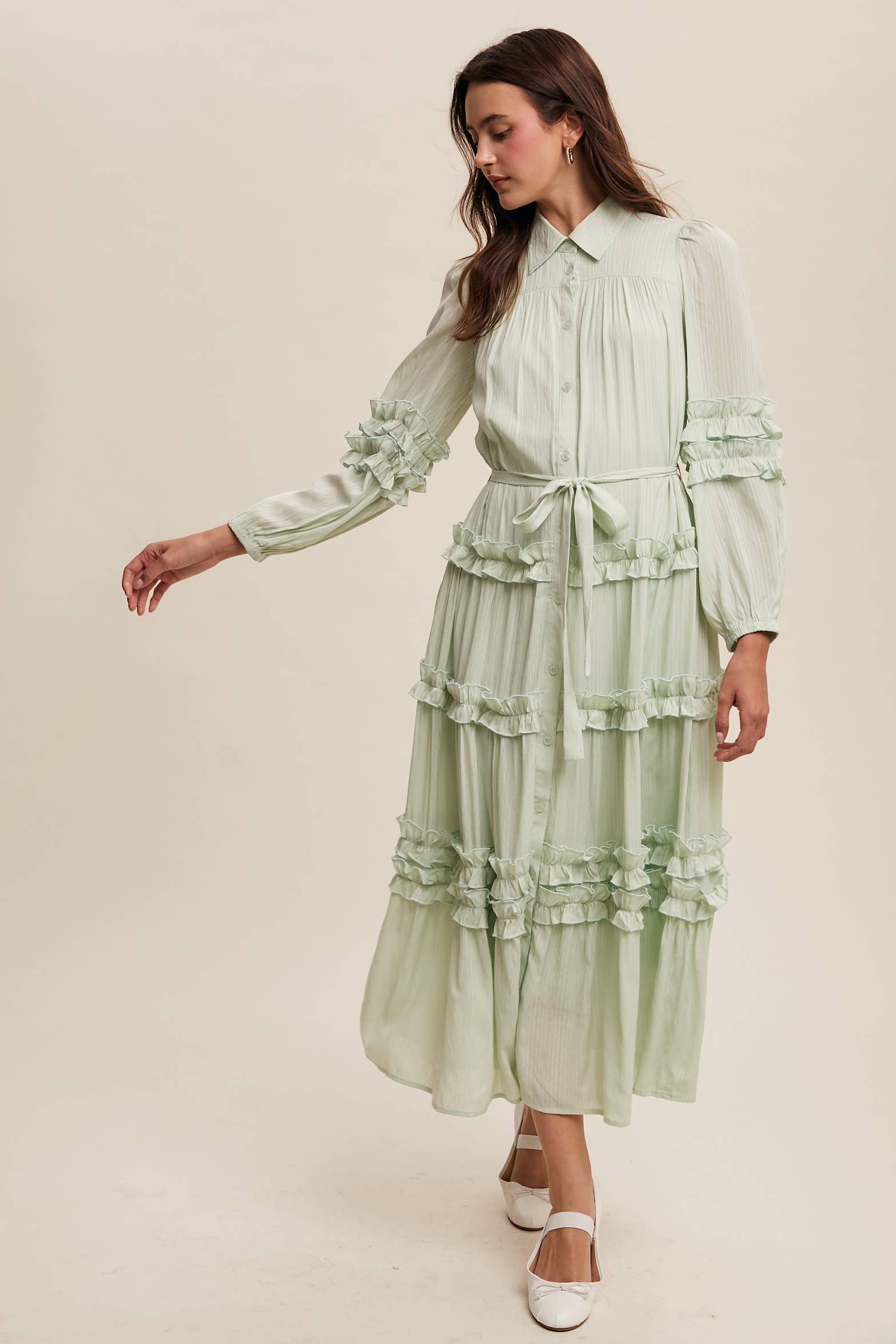 Listicle - Wholesale Dress - Women's - Ruffled Belted Maxi Shirt Dress LD14969