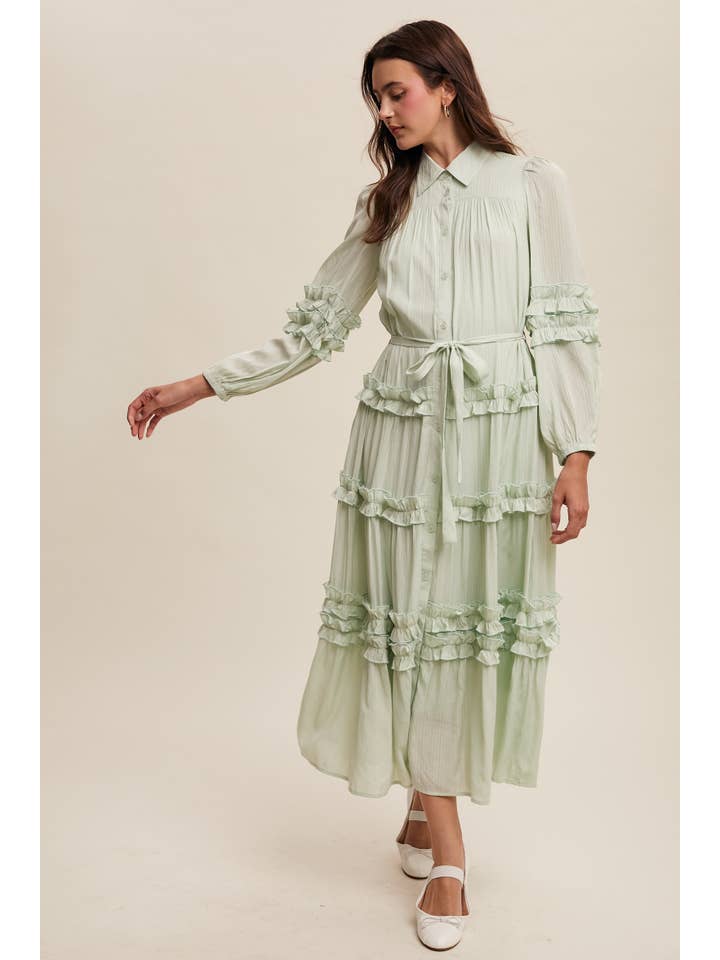 Listicle - Wholesale Dress - Women's - Ruffled Belted Maxi Shirt Dress LD14969