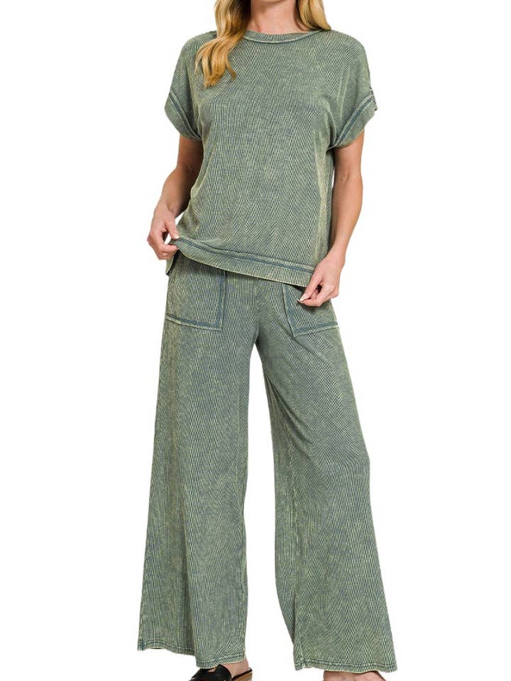 Conjunto de Top e Calças em Rayon com Lavagem Ácida e Canelado por atacado de Vanilla Monkey