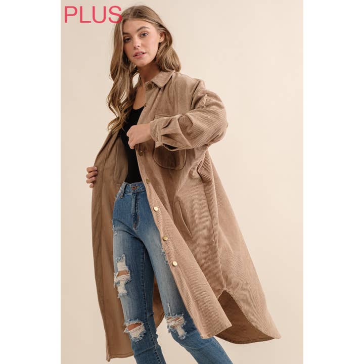 Sweet Generis - Wholesale Shirt Jacket/Shacket - Women's - PLUS LONG CORDUROY BUTTON UP SHIRT JACKET SHACKET29