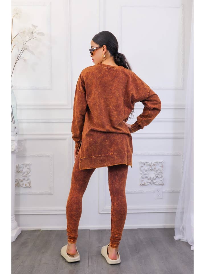 SurelyMine - Wholesale Top & Pant Set (NOT Loungewear) - Women's - Mineral Wash Long Sleeves Top and Motto Legging Set