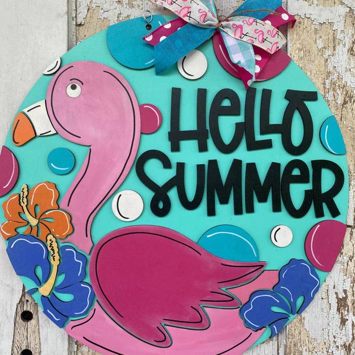 Flamingo Hello Summer Door Hanger, Summer Decor, Flamingo for wholesale by Vick Crafts