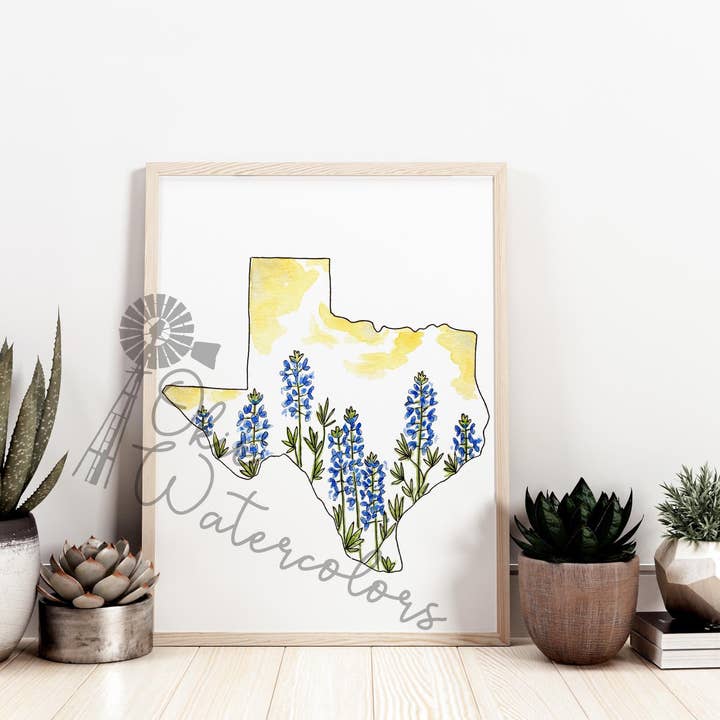 Texas State Silhouette With Bluebonnet Flower, State Flower Watercolor Art Print, State Flower Of Texas Art, Texas Hill Country Flower Art for wholesale by Okie Watercolors
