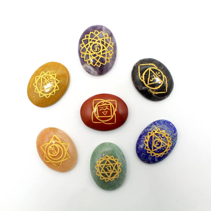 Aura Vibes - Wholesale Spiritual Stone/Crystal - 7 Chakra Oval Palm Stone Set of 72
