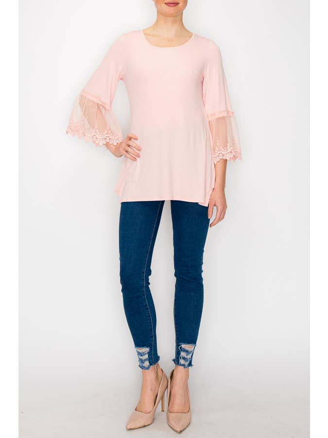 Origami Apparel ~ Lace and Crochet inspired - Wholesale Tunic - Women's - TUNIC TOP WITH LACE SLEEVE TRIMMINGS-4480PINK