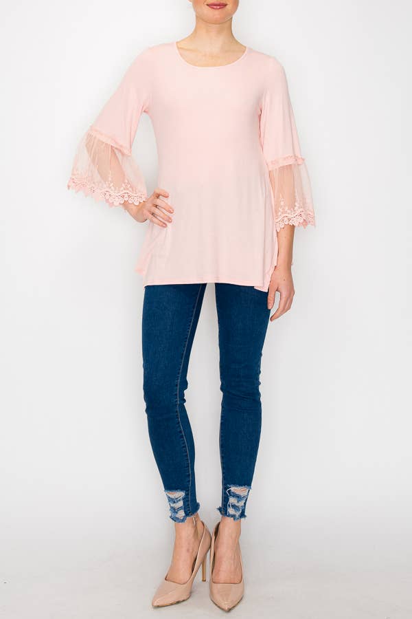 Origami Apparel ~ Lace and Crochet inspired - Wholesale Tunic - Women's - TUNIC TOP WITH LACE SLEEVE TRIMMINGS-4480PINK