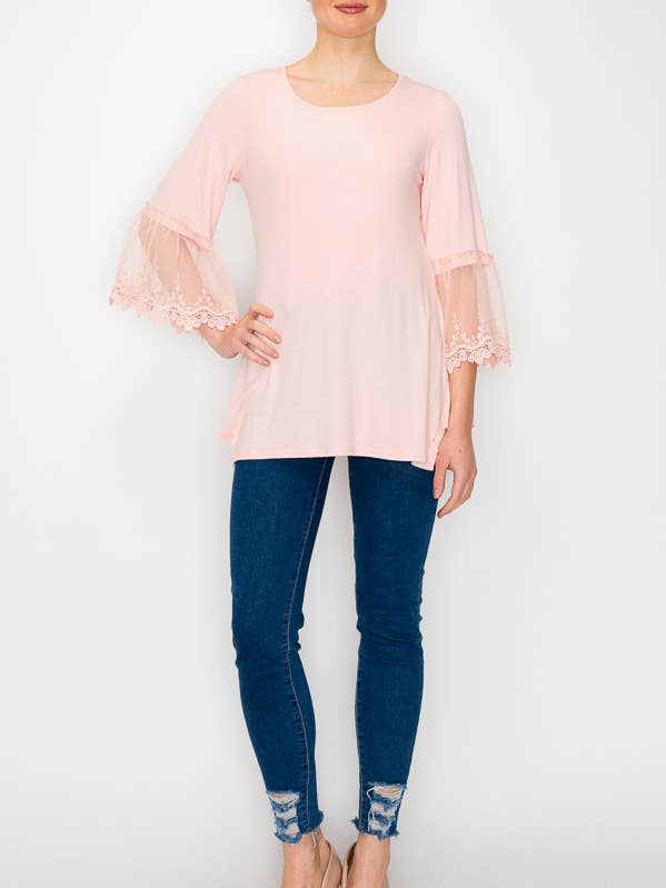 Origami Apparel ~ Lace and Crochet inspired - Wholesale Tunic - Women's - TUNIC TOP WITH LACE SLEEVE TRIMMINGS-4480PINK0