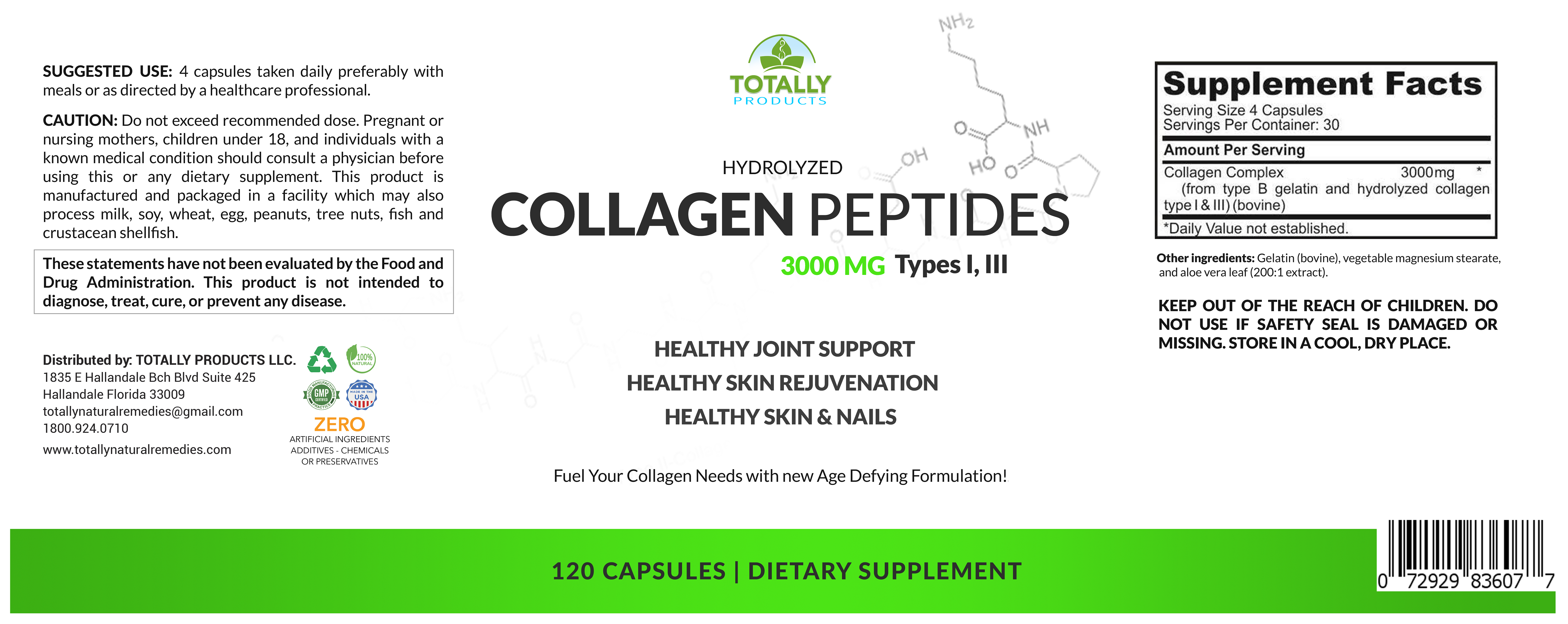 Totally Products - Wholesale Oral Supplement/Vitamin - Hydrolyzed Collagen Peptides 750mg - Protein Powder  (120 Capsules)3