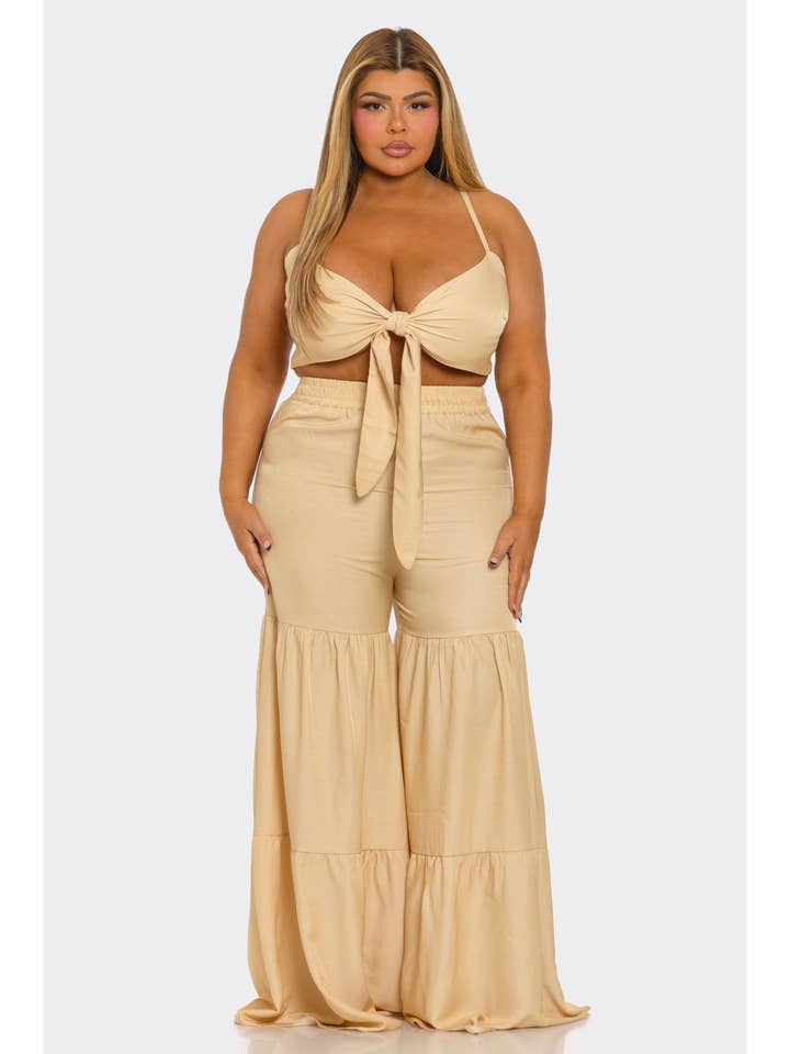 PLUS SIZE RUFFLE HEM WIDE LEG PANTS SET for wholesale by FashionShowcase