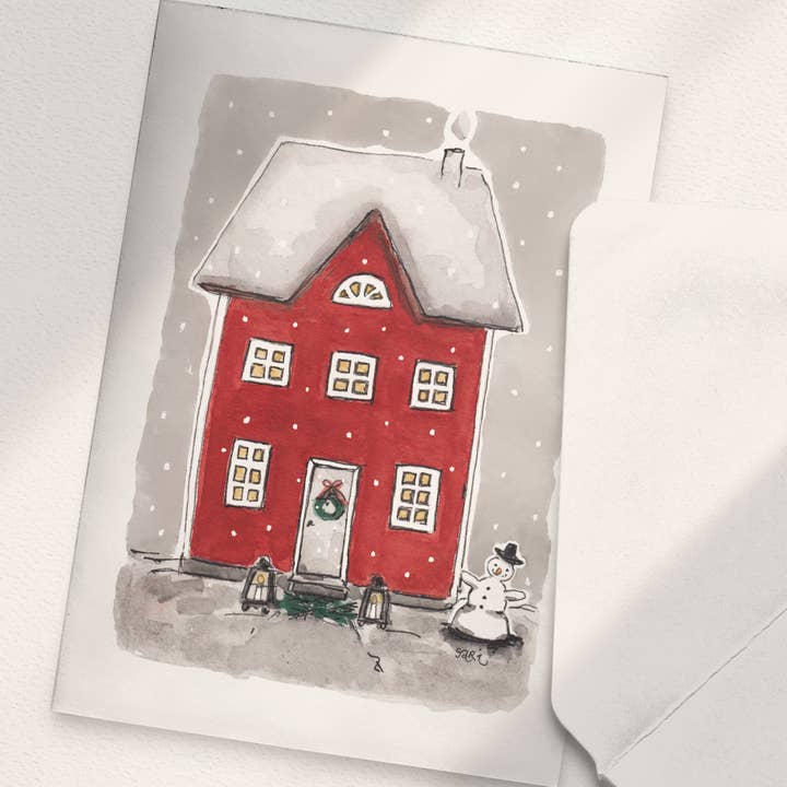 Red House and Snowman Watercolour Season's Greetings Card for wholesale by Sari's ArtWork