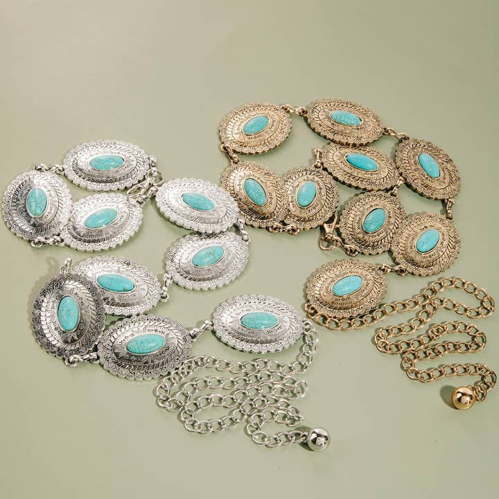Westlicher Türkis Oval Concho Kettengürtel für den Großhandel von Collections by Fame Accessories