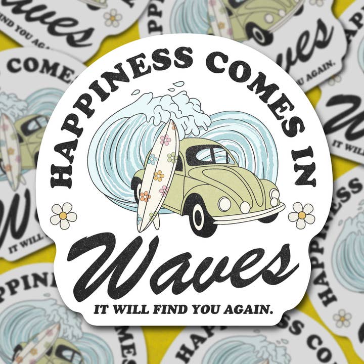 Happiness Comes in Waves, rétro, grande voiture et planche de surf, autocollant pour la vente par Sage and Virgo