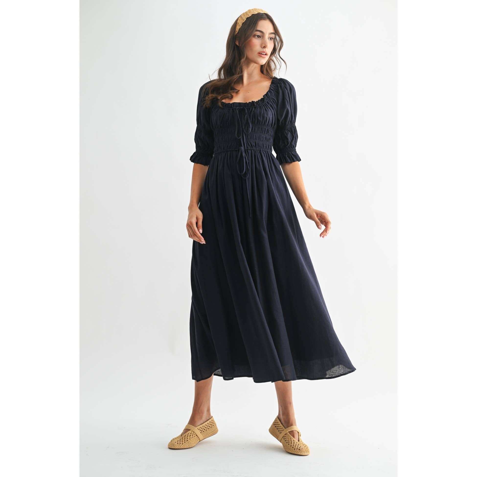 Camellia - Vente Robe – femme - ROBE MIDI ÉPAULES DÉNUDÉES SMOCKÉE AVEC JUPE PLISSÉE2