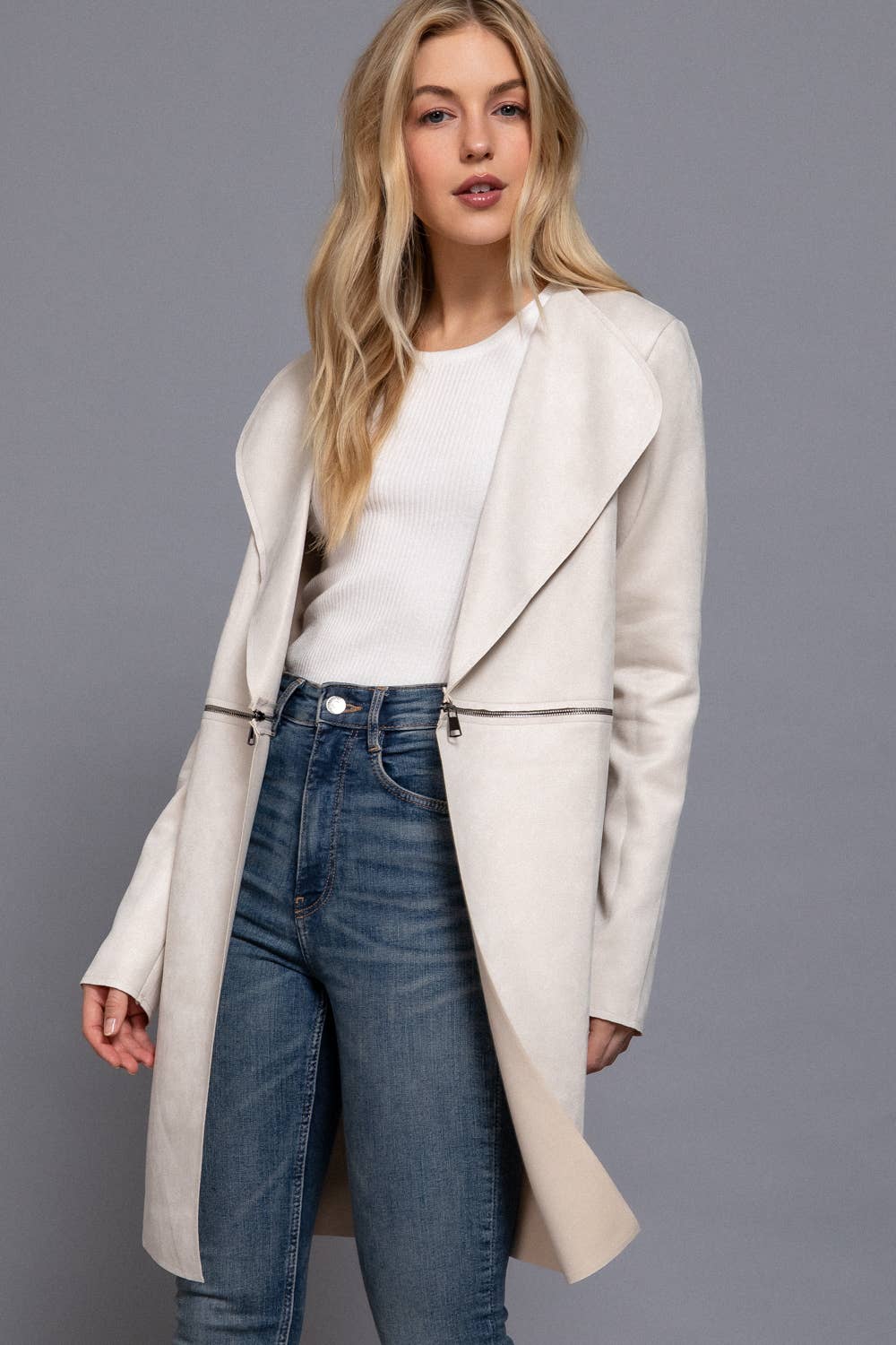 Active Basic | Active USA - Wholesale Jacket - Women's - Long Sleeve Front Two Zipper Detail Faux Suede Long Jacket17