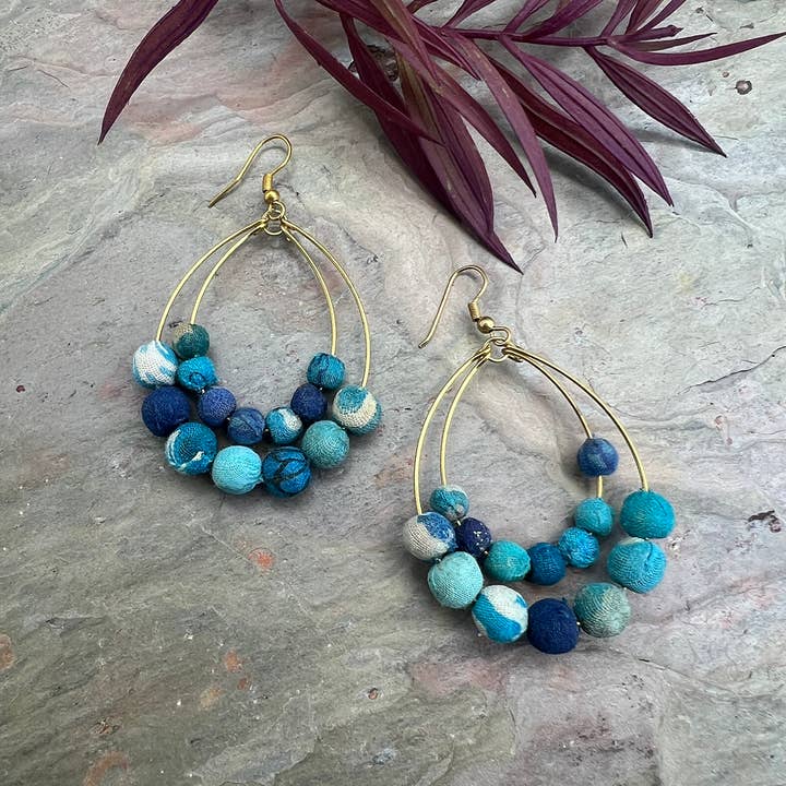 Anju Jewelry - Wholesale Dangle Earrings - Aasha Aqua Teardrop Kantha Boho & Handcrafted Earrings3