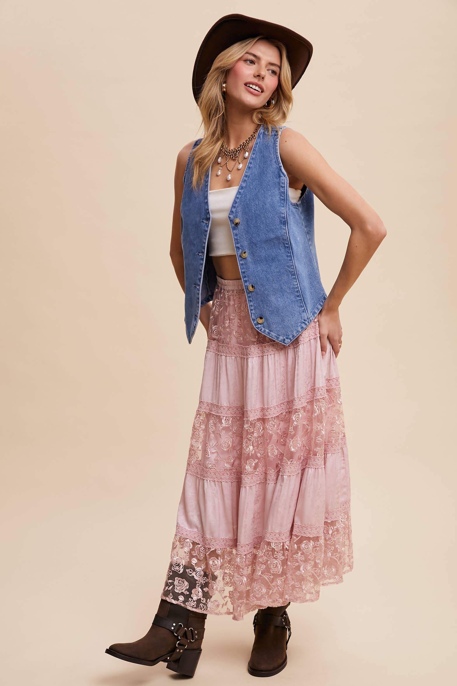 Listicle - Vente Jupe – femme - Jupe longue à volants brodée de fleurs10