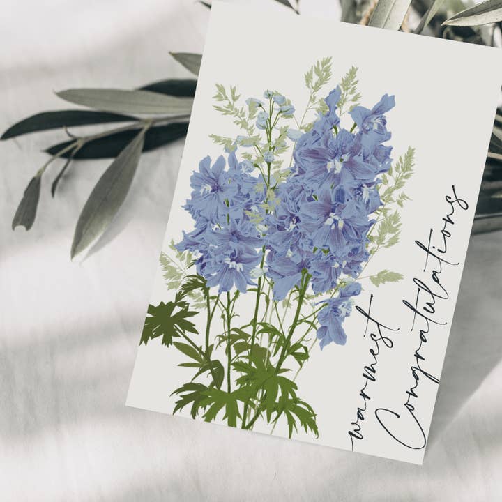 Wildblumen Atelier - Wholesale Congratulations Card - Warmest Congratulatio Strauss blue postcard, FSC1