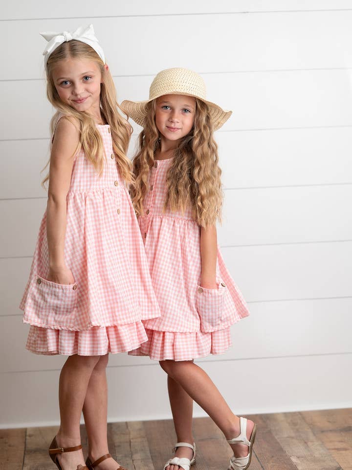 Oopsie Daisy - Wholesale Dress - Kids - Girls Pink & White Gingham Check Pocket Ruffle Summer Dress1