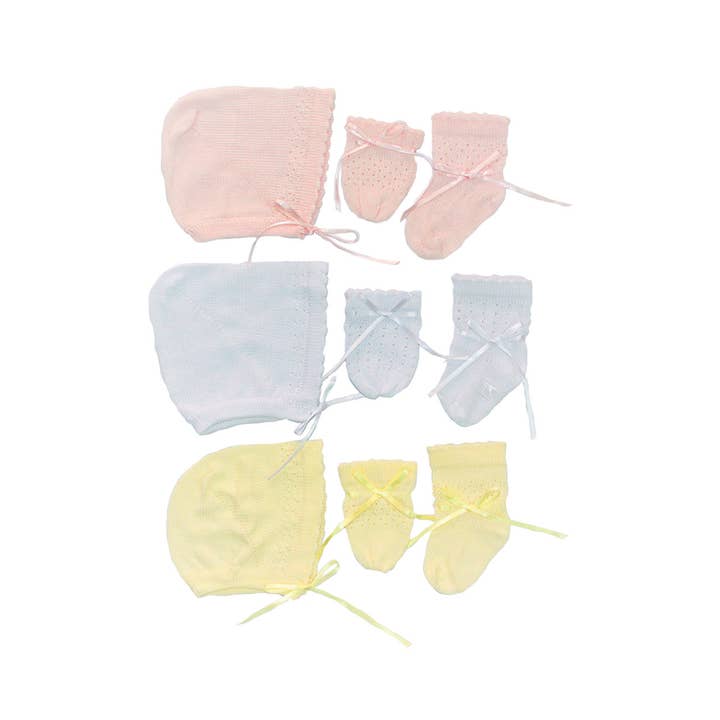 Knitted bonnet, socks and mittens Set in cotton for wholesale by Karela Kids Inc.