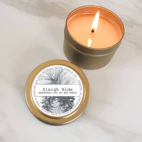The Bathing Raven Candle Co. - Wholesale Travel Candles - Sleigh Ride | Petite Gold Collection Soy Candle