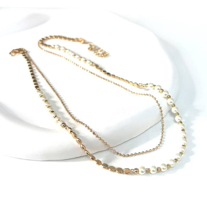 Flache Kette aus Messing und Perlenbesatz, 2-reihig für den Großhandel von StarryNYC