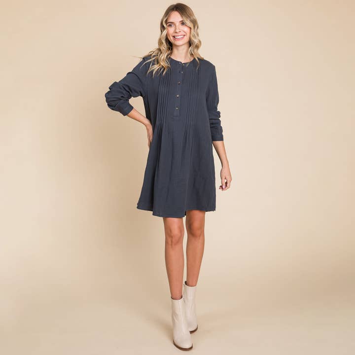 ROLYPOLY - Wholesale Dress - Women's - Long Sleeve Double Gauze Henley Tunic Cotton Dress7