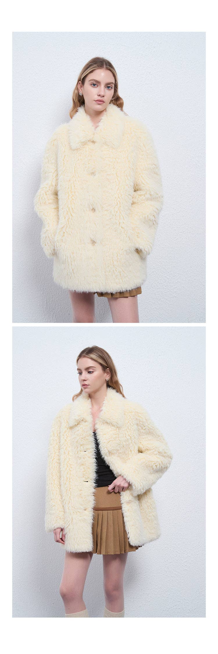 Beige Fuskinn Shearling-kappa Mysig Chic Stil för wholesale på Faire9