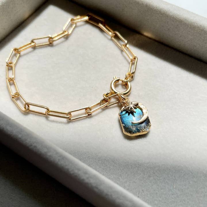 Decadorn - Wholesale Charm/Dangle Bracelet - Labradorite Moon & Star Gem Slice Chunky Bracelet (Gold)