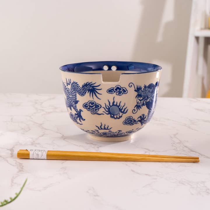 Urban Tokyo - Wholesale Serve Bowl - Blue Dragon Design 18oz 5.25"D Bowl With Chopsticks Set
