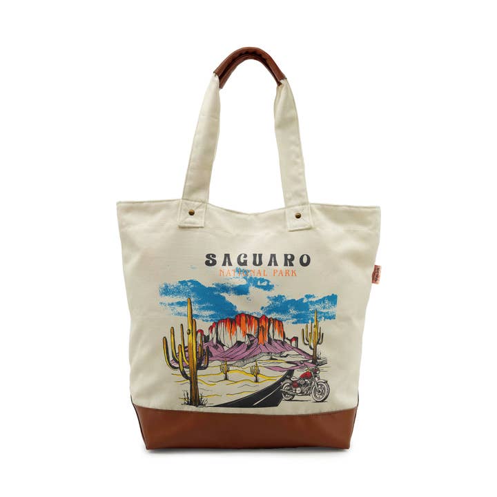 Saguaro-Nationalpark-Canvas-Tragetasche mit Lederelementen – Vintage-Wüstenabenteuer-Schultertasche für den Großhandel von Northern Icons Creations INC