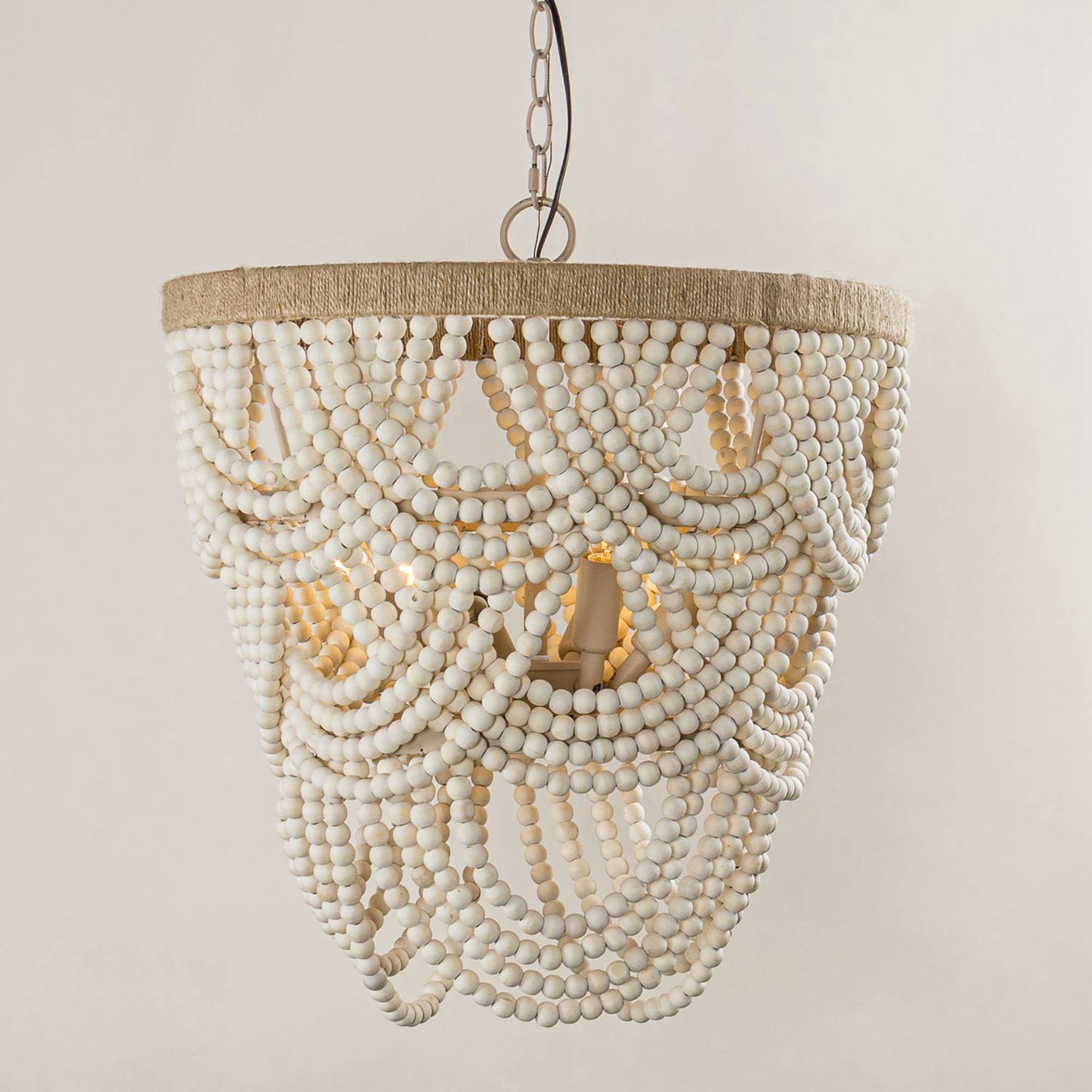 Off White Lusteria 20" Wood Bead 4-Light Tiered Coastal Chandelier for wholesale on Faire18