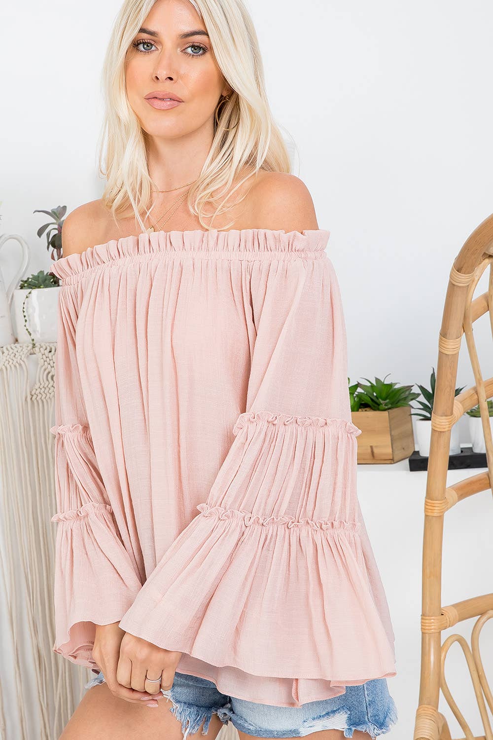 Sweet Lovely by Jen - Wholesale Blouse – Women’s - OFF SHOULDER TIERED BELL SLEEVE TOP46