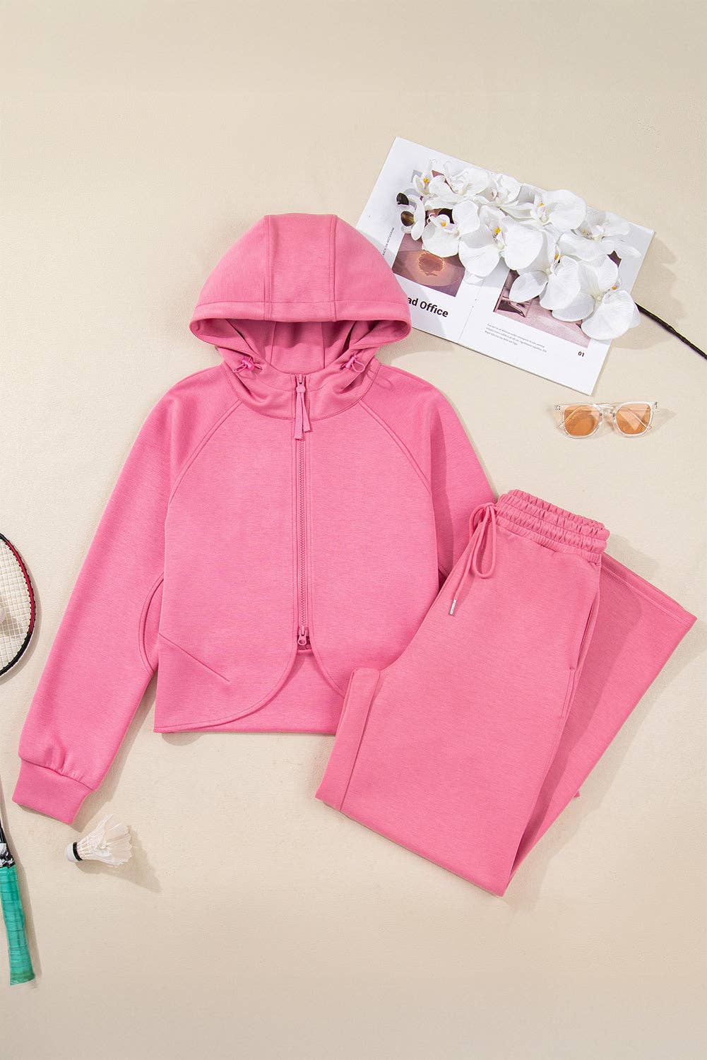 Pink Solid Zip Up Hoodie and Pants Set for wholesale on Faire
